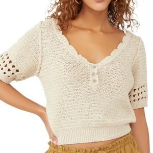 Free People Bree Open Stitch Short Sleeve Crop Sweater Beige Size Medium